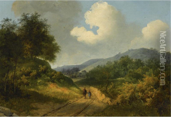 A Wooded Landscape With Travellers On A Track Oil Painting - Claas Hendrik Meiners