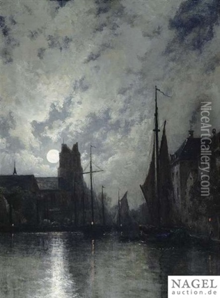 Canal In Dordrecht At Moonlight Oil Painting - Egide Francois Leemans