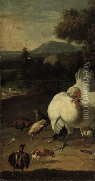 A Wooded Landscape With A Hen And Chicks In The Foreground (fragment) Oil Painting - Melchior de Hondecoeter
