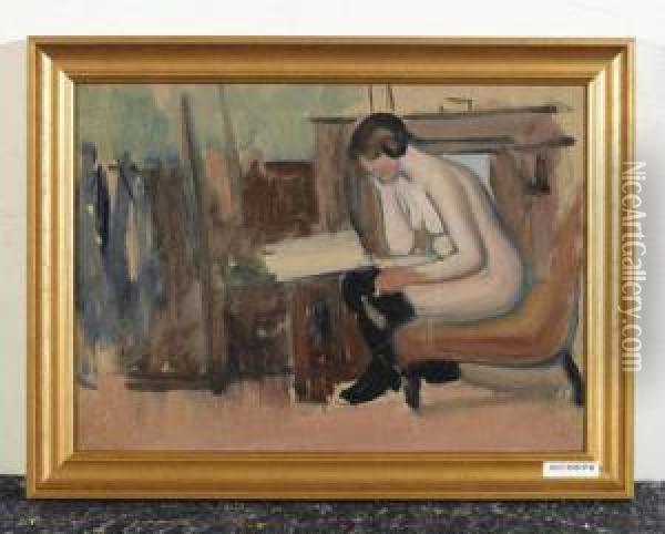 Lesender Weiblicher Akt. Oil Painting - Fernand Piet