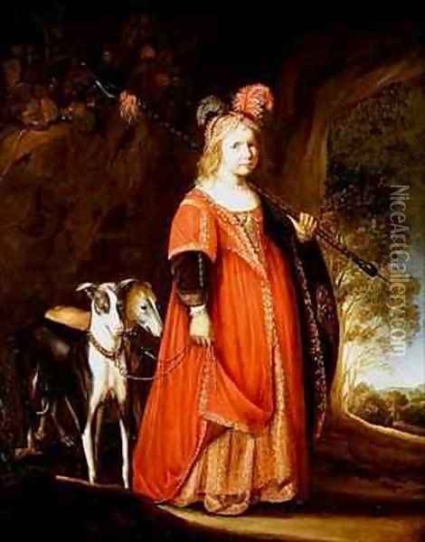Portrait of a young girl as Diana in a glade with two greyhounds Oil Painting - Govert Teunisz. Flinck