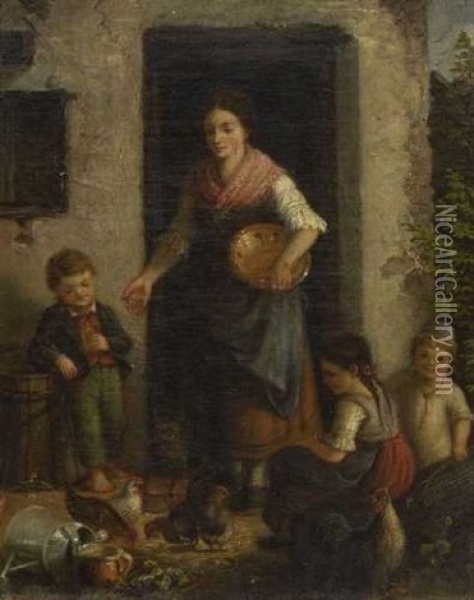 Junge Bauerin Mit Kindern Beim Huhnerfuttern Oil Painting - Ludwig Neustatter
