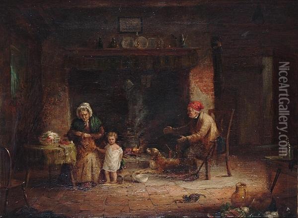 An Old Couple Before A Fireside In A Cottage Interior Oil Painting - Edward Mann