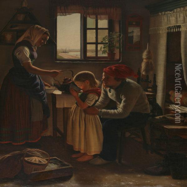 Interior With A Fisherfamily From Skovshoved Neighbourhood, Denmark Oil Painting - Edvard Lehmann