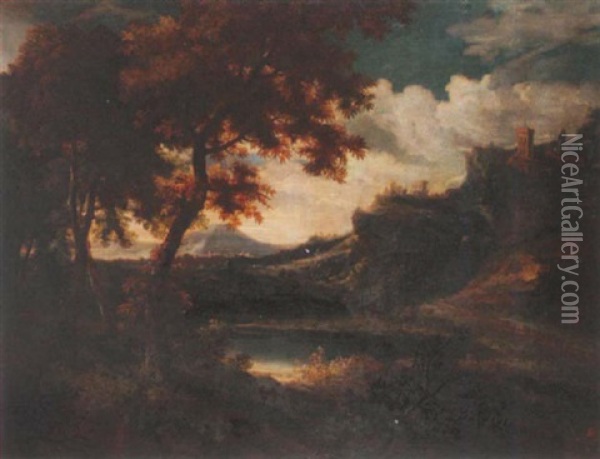 A Wooded Landscape With A Lake In The Foreground, A Castle And Mountains Beyond Oil Painting - Crescenzio Onofri