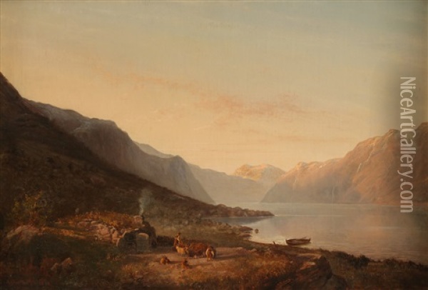 Fjordlandskap Oil Painting - Anton Bergh