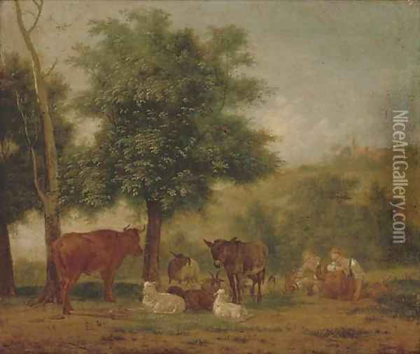 A young couple resting under a tree with animal companions Oil Painting - Pieter Gerardus Van Os