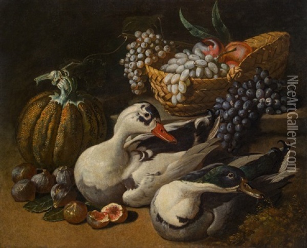 Fruchtestillleben Mit Zwei Enten Oil Painting - Jacob van der Kerckhoven