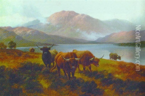Moorland Roamers, Loch Long N.b. Oil Painting - Harald R. Hall
