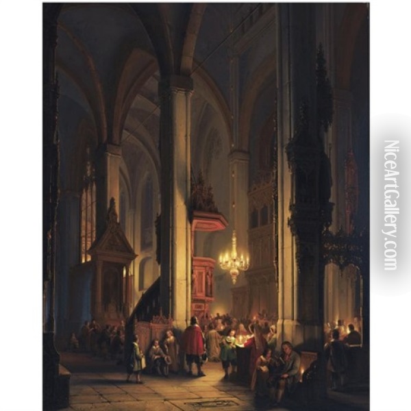 Evening Service In A Gothic Church Oil Painting - George Gillis van Haanen