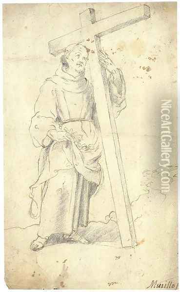 A monk supporting a cross carrying flowers in the fold of his cassock Oil Painting - Spanish School