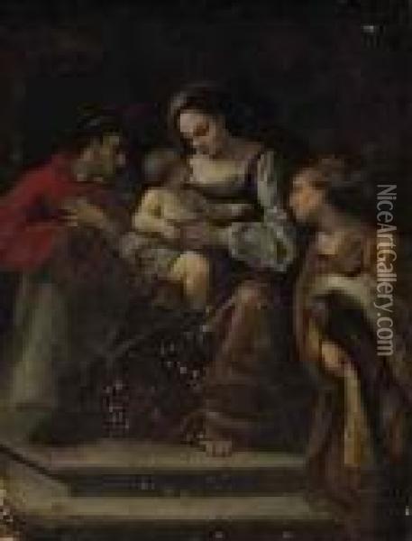 The Madonna And Child With Saints Charles Borromeo Andcatherine Oil Painting - Guercino