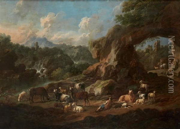 Berger Gardant Son Troupeau Pres D'une Arche De Pierre Au Bord D'une Cascade Oil Painting - Johann Heinrich Roos