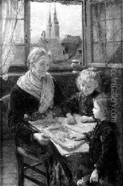 Grosmutter Sitzt Mit Ihrem Jungsten Am Offenen Fenster Und Blattert In Einem Bilderbuch Oil Painting - Hans Blum