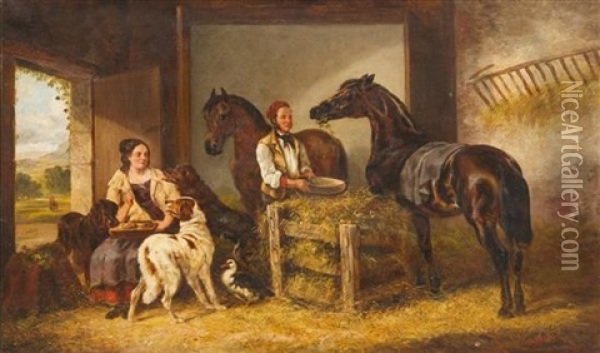 Stable Scene With Man And Lady, Horses And Dogs Oil Painting - Edmund Aylburton Willis