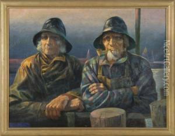 Two Fishermen In Foul Weather Gear Oil Painting - Chester K. Van Nortwick