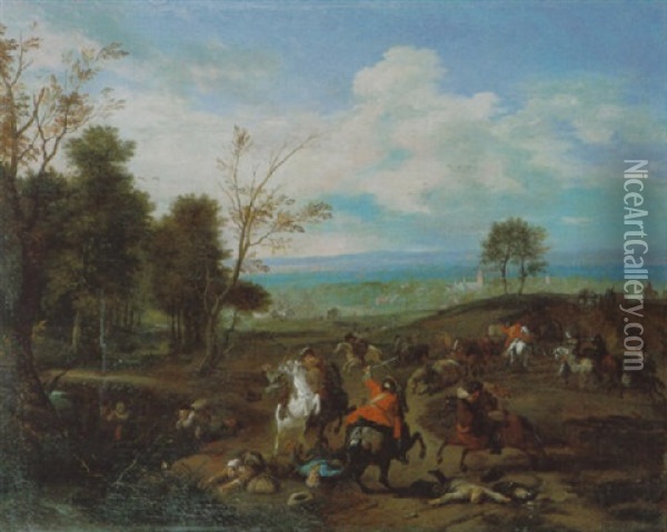 Uberfall In Einer Bewaldeten Landschaft Oil Painting - Jan van Huchtenburg
