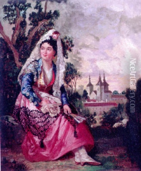 Woman In Fancy Dress Oil Painting - Francisco Diaz Carreno