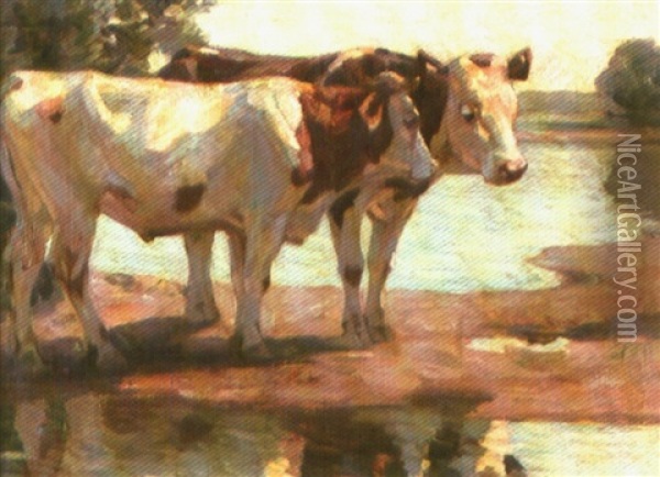 Zwei Rinder An Ufer Oil Painting - Franz Jakob Elmiger