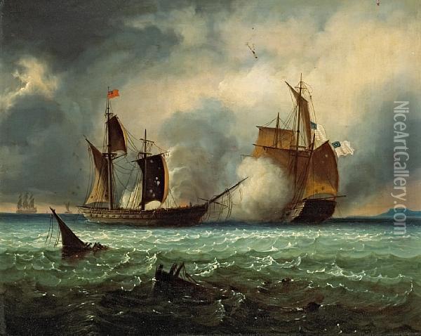 An American Corvette Victorious Over A Britishfrigate Oil Painting - Ferdinand Victor Perrot