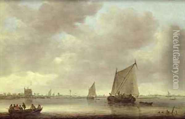 Shipping on the Kil with Oude Wachthuis and the Grote Kerk Dordrecht beyond Oil Painting - Jan van Goyen
