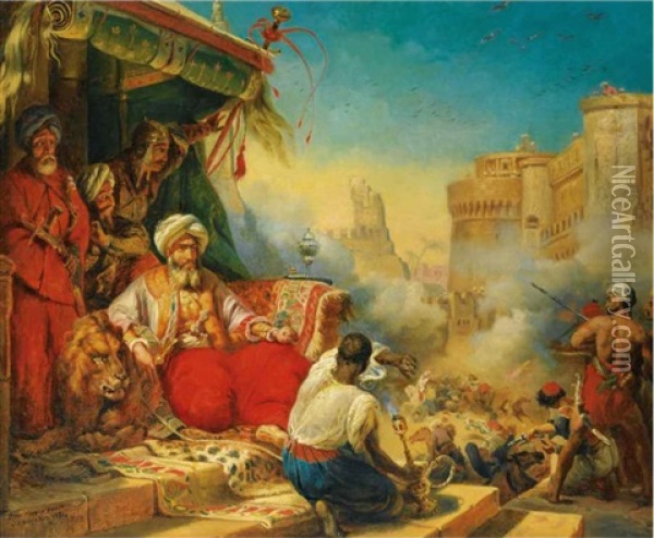Massacre Des Mamelucks Dans Le Chateau Du Caire En 1811 (after Horace Vernet) Oil Painting - Knud Larsen Bergslien