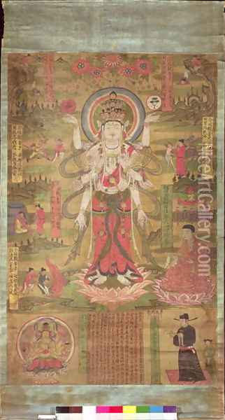 Banner representing the eleven-headed Guanyin standing in a landscape, Northern Sung period, 985 Oil Painting - Anonymous Artist