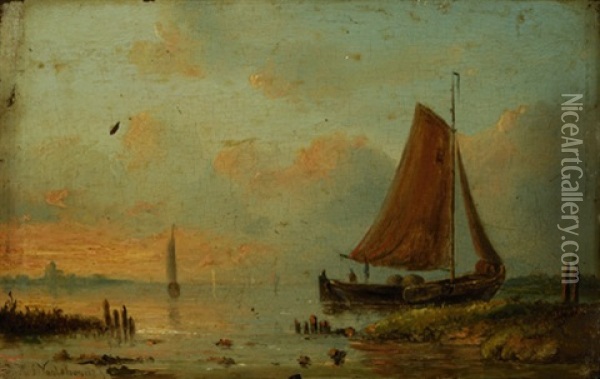 Sailboats In Front Of A Pier With A City On The Left Oil Painting - Jacobus Hendricus Johannes Nooteboom