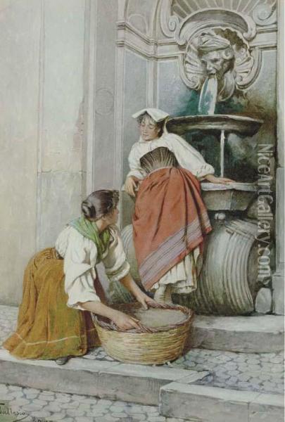 Women Washing By A Roman Fountain Oil Painting - Federico Ballesio