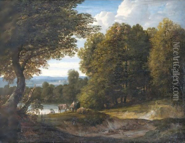 A Wooded River Landscape With Cattle And Two Figures Oil Painting - Jaques D'Arthois