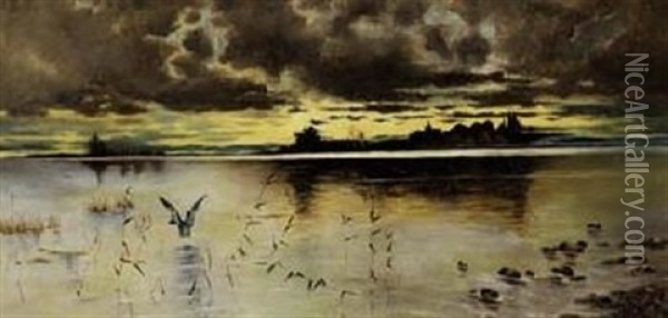 Abendliche Gewitterstimmung An Einem See Oil Painting - Eduard Fischer