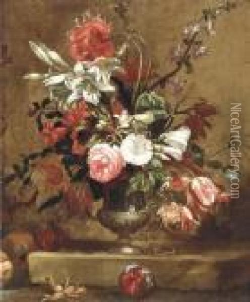 Peonies, Campanulae, Madonna Lilies And Other Flowers In An Urn Ona Stone Ledge Oil Painting - Nicolas Baudesson