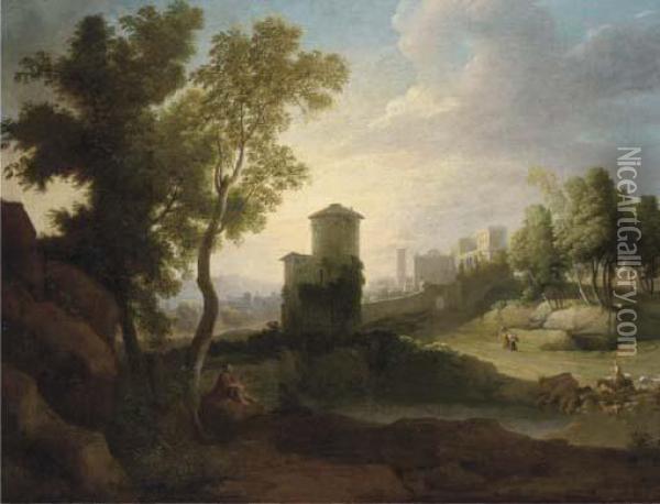 A Classical Landscape With A Drover And Cattle At A Lake, A Walled Town Beyond Oil Painting - Hendrik Frans Van Lint