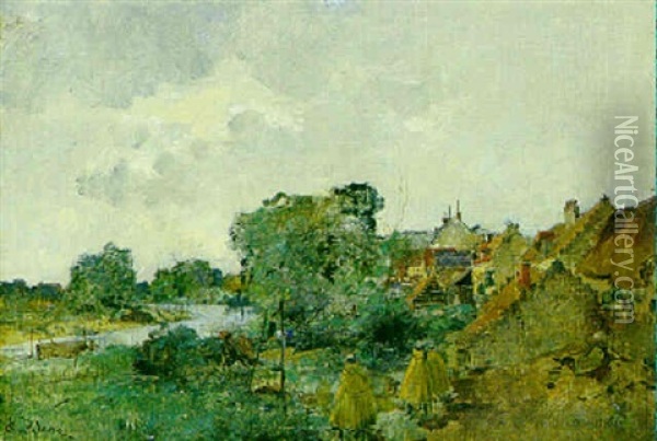 Flusslandschaft Mit Dorf Oil Painting - Leon Germain Pelouse
