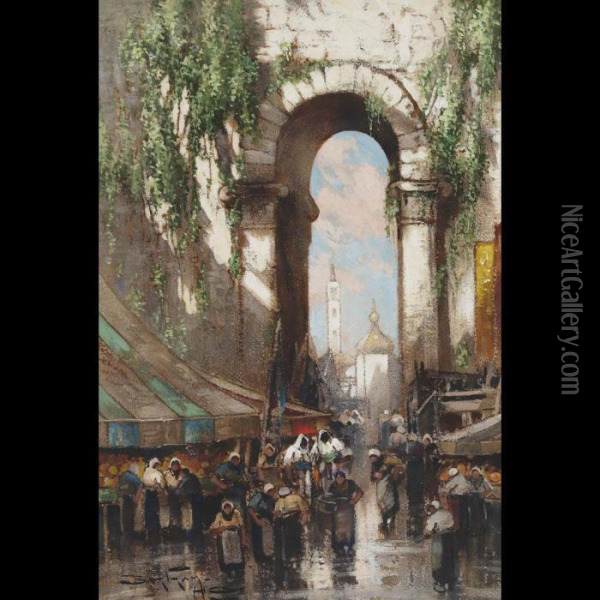 Market Scene, Morocco Oil Painting - Bartram, Fred. John Hiles