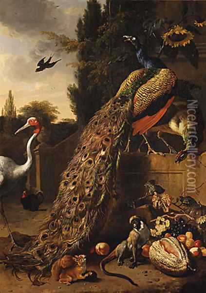 Peacocks Oil Painting - Melchior de Hondecoeter