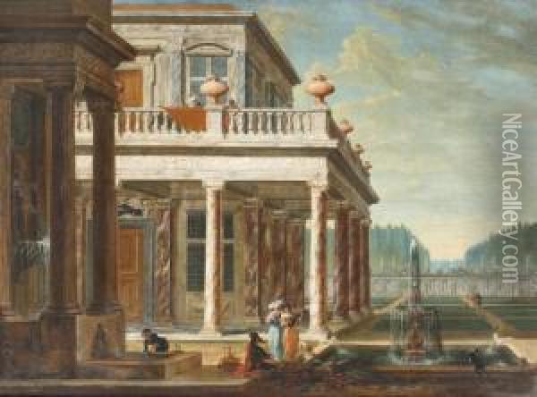 A 'capriccio' View Of A 
Classical Palace With Figures Making Music Near A Fountain In An 
Extensive Garden Oil Painting - Jacobus Saeys
