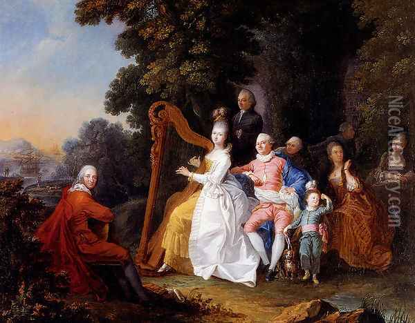 An Elegant Party In The Countryside With A Lady Playing The Harp And A Gentleman Playing The Guitar Oil Painting - Pierre-Michel Lovinfosse