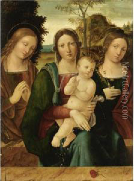Madonna Col Bambino Tra Santa Caterina D'alessandria E Santa Lucia Oil Painting - Antonio Solario Lo Zingaro