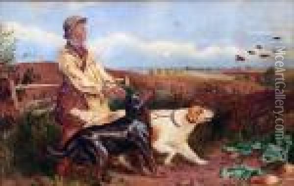 The Game Keeper, With Young Male
 Figure Holding Two Retrievers With A Covey Of Partridges In Flight In 
The Distance Oil Painting - Richard Ansdell