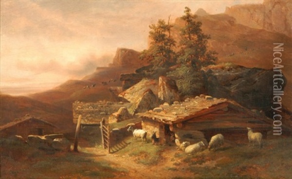 Gebirgslandschaft Mit Alphutten, Ziegen Und Schafen Oil Painting - Alexandre Calame