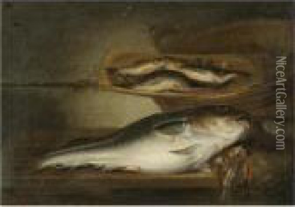 A Still Life With Fish On A Table Top, Other Fish In A Vat Behind Oil Painting - Jakob Gillig