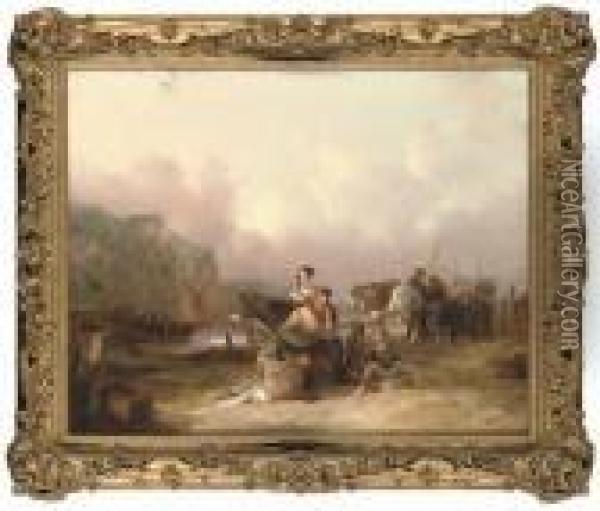 Fisherfolk By A Coastal Inlet Oil Painting - Snr William Shayer