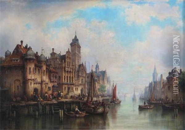 A View Of A Harbour In The Hague Oil Painting - Ludwig Hermann