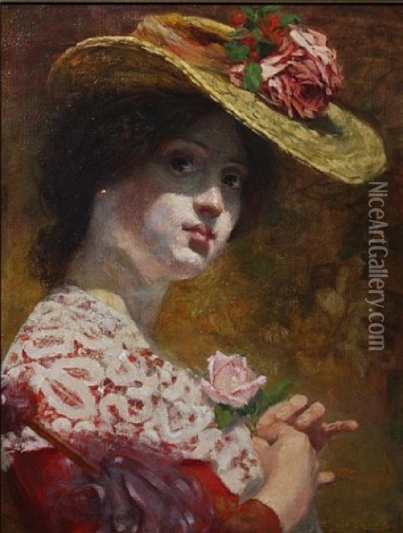 Portrait Of A Young Lady Wearing A Straw Hat Oil Painting - Emile Jacques