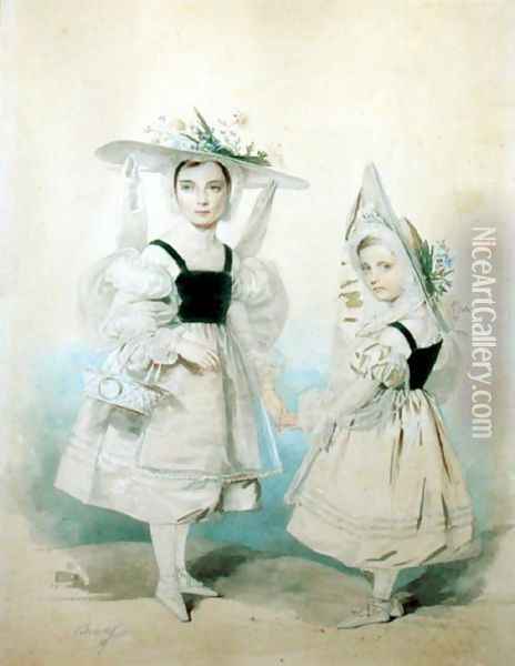 Portrait of the Grand Princesses Olga and Alexandra in Fancy Dress, 1830s Oil Painting - Pyotr Fyodorovich Sokolov