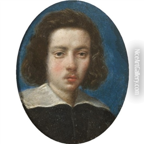 Portrait Of A Gentleman, Head And Shoulders, Wearing Black With A White Ruff, With A Blue Background Oil Painting - Cesare Dandini