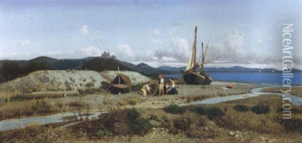 Famiglia Di Pescatori Nel Paesaggio Costiero Oil Painting - Giuseppe Laezza