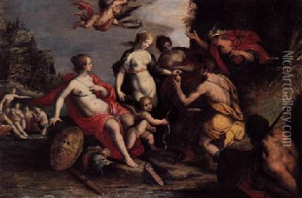 The Judgement Of Paris With Cupid, Mercury And Cherubs Oil Painting - Hans Von Aachen