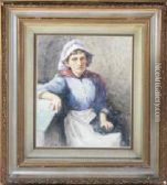 A Portrait Of A Fishergirl Wearing A Lilac Staithes Bonnet Oil Painting - Robert Jobling
